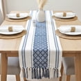 thumbnail image 6 of Boho Dining Table Runner with Tassel Fringe 14 x 72 Inches, Navy Blue & Cream | Farmhouse Style Woven Dresser Scarf / Designer Console Table Topper Cover, 6 of 11