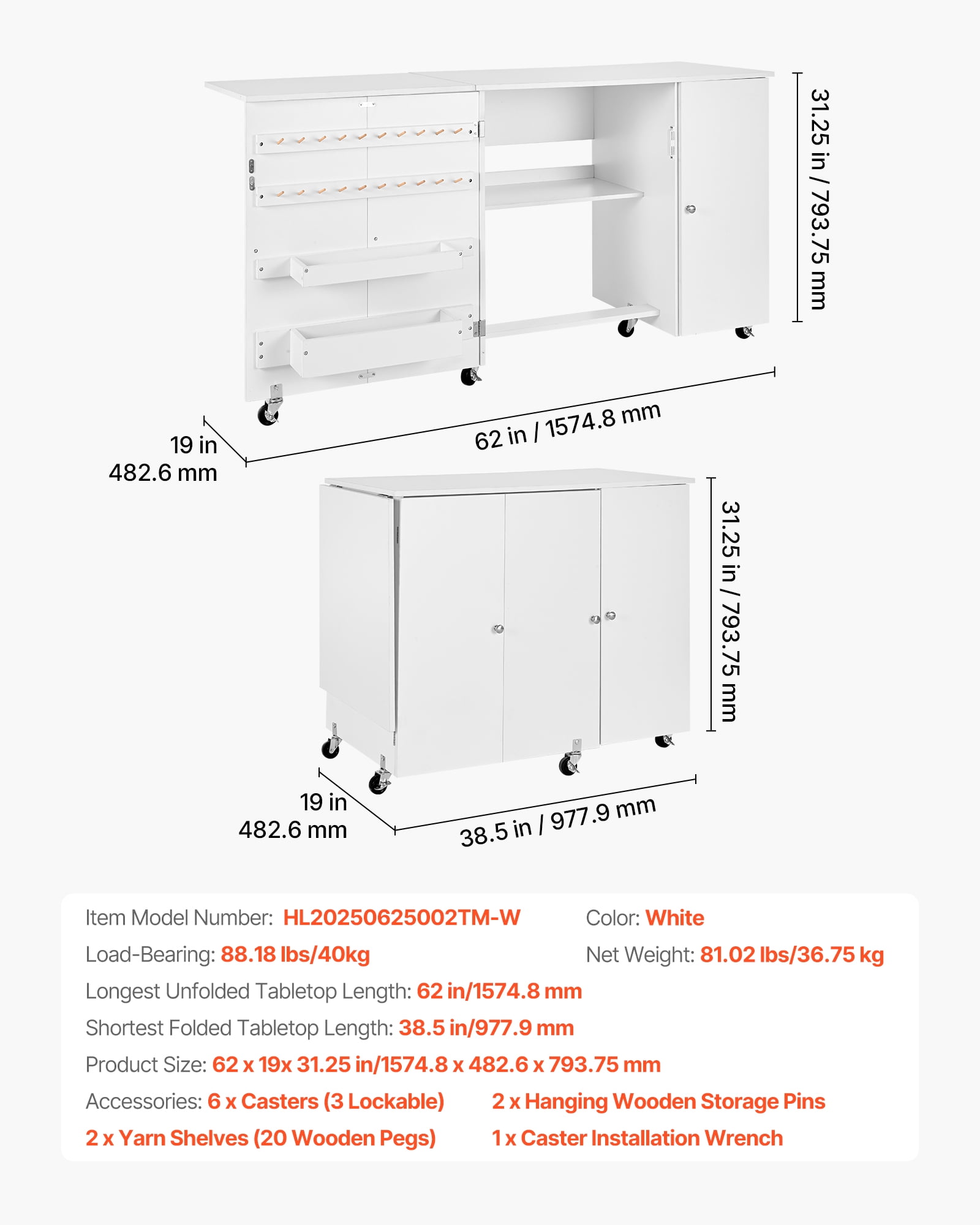VEVOR Folding Sewing Table, Multipurpose Sewing Machine Table with Cabinet, Compact Design, Wheels, Wooden Pegs, Storage Trays and Shelf, Magnetic Door, Craft Station and Side Desk for Home, White