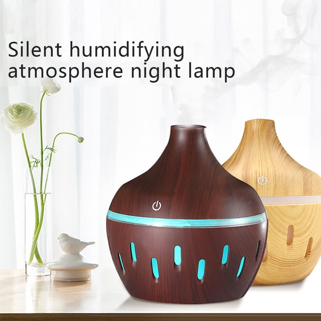 Humidificador USB de veta de madera y difusor de aromaterapia - Mini humidificador portátil de 300 ml para hogar, coche y oficina con luces LED de colores