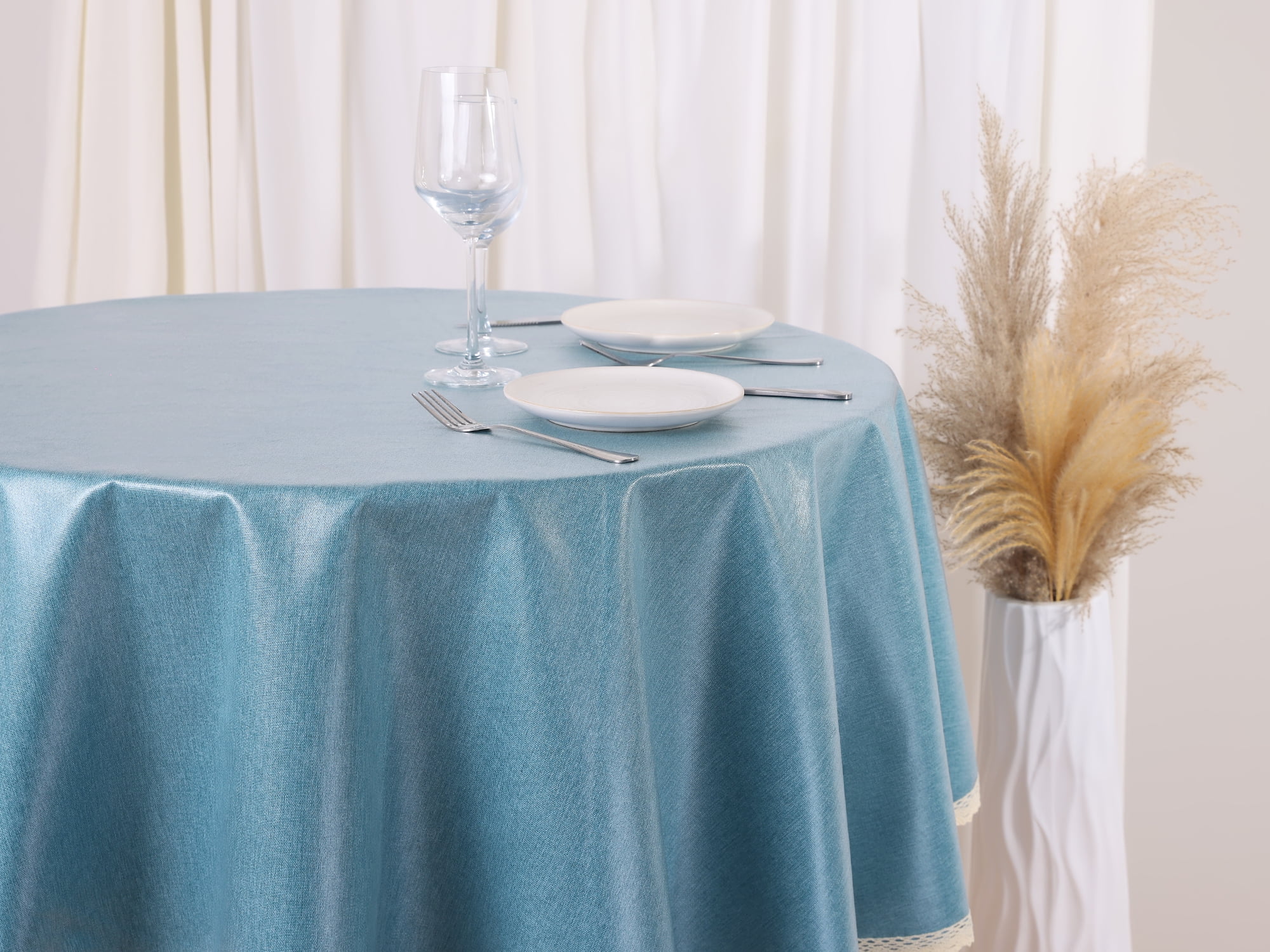 Unique Bargains Round Oil Proof Spill Proof Water Proof Lace TPU Kitchen Dining Tablecloth Blue 47 inch