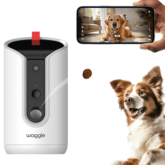 WaggleCam 2K Pet Camera and Treat Dispenser with 360 AI Tracking, 2-Way Audio, Motion Alerts, Night Vision, Dual-Band WiFi (2.4 GHz or 5 GHz) Indoor Use