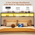 thumbnail image 3 of Bolvdo Rustic Queen Size Bed Frame with LED Lights, Bookcase Headboard & Storage Drawers, Metal Support, No Box Spring Needed, Beige, 3 of 7