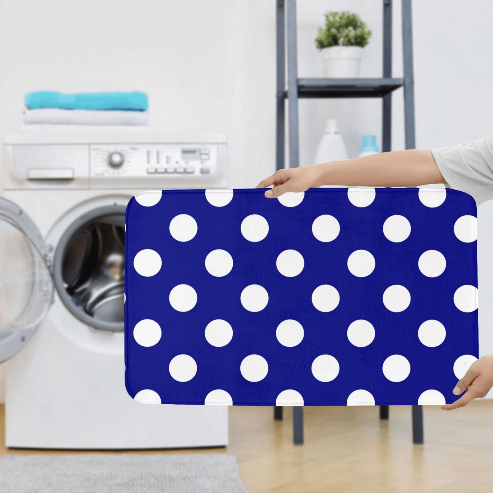 Bathroom Rugs Sets 3 Piece - Navy And White Polka Dot Absorbent Non Slip Bath Mats, U-Shape Toilet Lid Cover, Contour Mat, Soft Washable Shower Mats Bath Rug Mat for Bathroom Tub Toilet