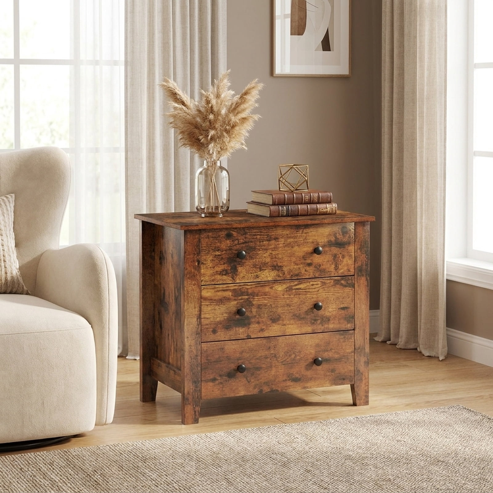 Furnibear 3 Drawer Dresser Chest of Drawers Bedside Table for Bedroom Closet Living Room Nursery Clothes Storage, Rustic Brown