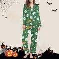 thumbnail image 2 of Tnhcen Women's Halloween Skull Print Pajama Set Long Sleeve Collared Sleepwear Comfortable Loungewear 2-Piece Outfit S-2XL Green, 2 of 6