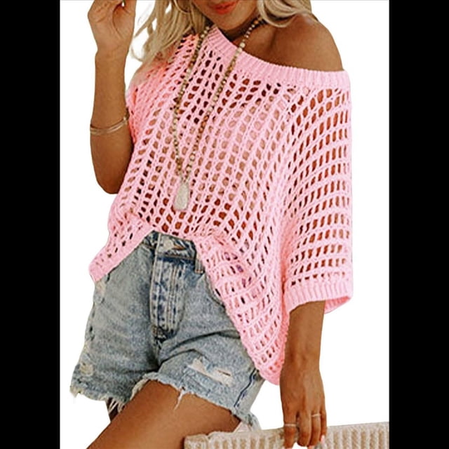 Top de Punto Calado de Corta con Cuello Redondo de Verano para Mujer, Rosa M