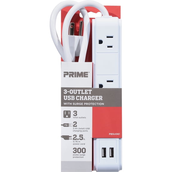 Prime Wire & Cable 3-Outlet/2-USB-A 300J White Surge Strip with 2.5 Ft. Cord