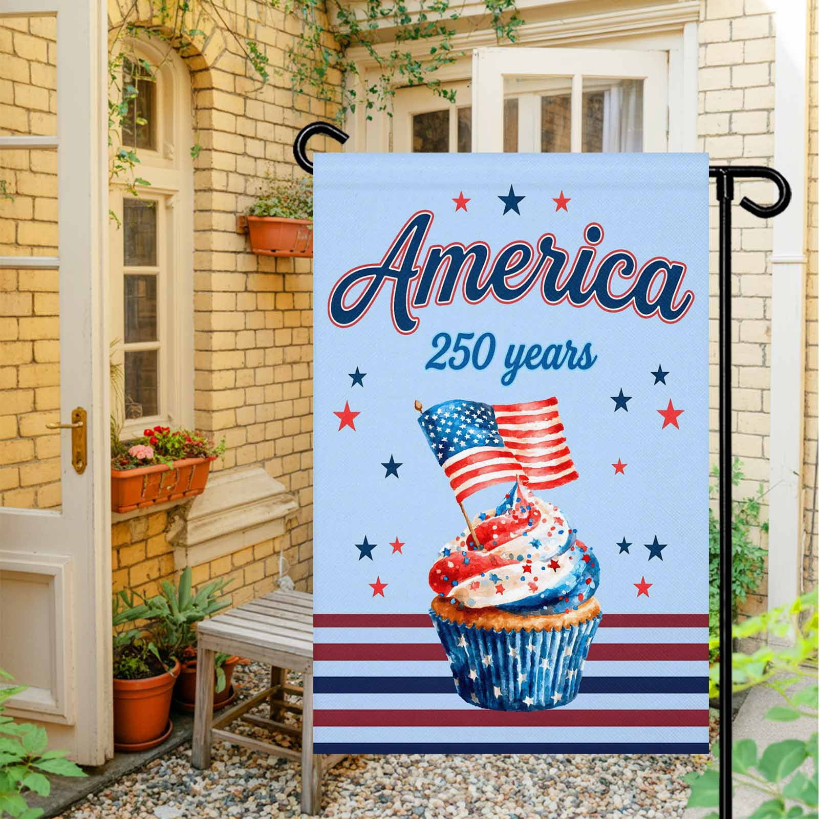 4th of July Garden Flags America 250 Years Garden Flag Double Sided Welcome Flag USA Flag Cupcakes Star Blue Stripes Independence Day Yard Flags for Outdoor Lawn Porch Memorial Day Decor 28x40 Inch