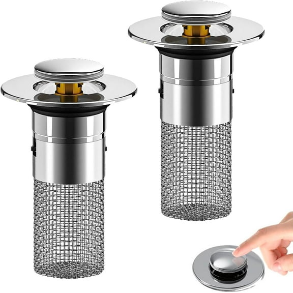 2Pcs Bathroom Sink Stopper Drain Hair Catcher，Universal Pop Up Drain Hair Catcher Bathroom Sink Stopper with Removable Stainless Steel Filter Basket