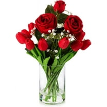 Mixed Silk Rose Artificial Flowers and Real Touch Tulips Fake Flowers in Glass Vase, Artificial Floral in Vase with Faux Water for Dining Table Centerpieces, Wedding Event (Pink)