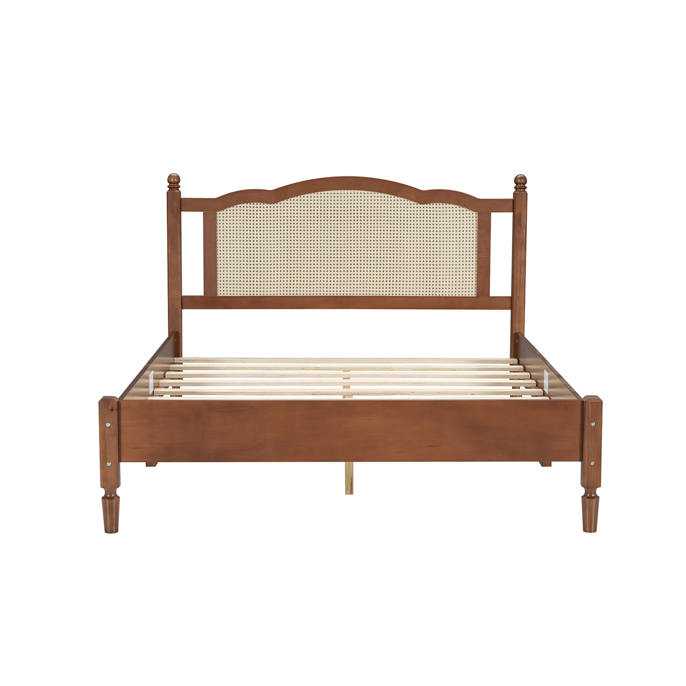 Noble House Queen Size Wooden Platform Bed with Natural Rattan Headboard,Wooden Slat Support,Walnut