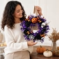 thumbnail image 5 of Artificial Halloween Wreath with Pumpkin, Skull, Black Rose, Spider Web and Purple Foliage | Spooky Fall Wreath with Burlap Hanging Loop for Home Porch Wall Party Decor, 5 of 7