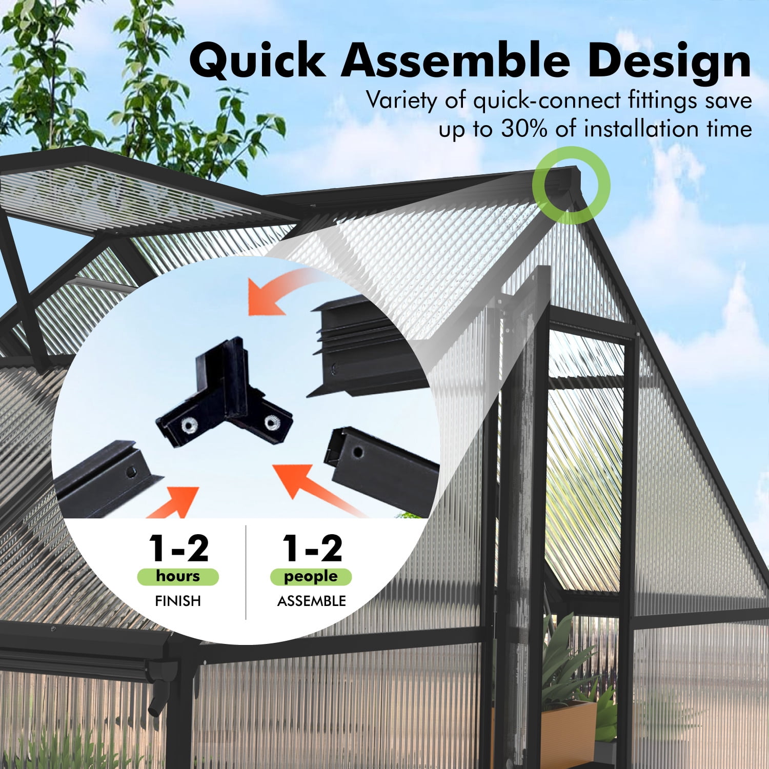 Sylviera 6x4ft Walk-in Greenhouse with Thermometer, Polycarbonate Panels, Reinforced Aluminum Frame, Compact Backyard & Patio Green House with Adjustable Roof Vent