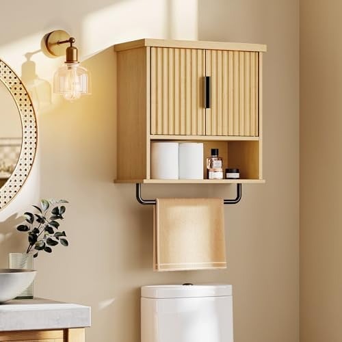 MAXE Collection - Bathroom Cabinet Wall Mounted, Over Toilet Hanging Cabinet with Adjustable Shelf, Towel Bar, Fluted Doors, 7.9 x 17.7 x 24 Inches, Transitional, Oak Beige UBBK137Y01S