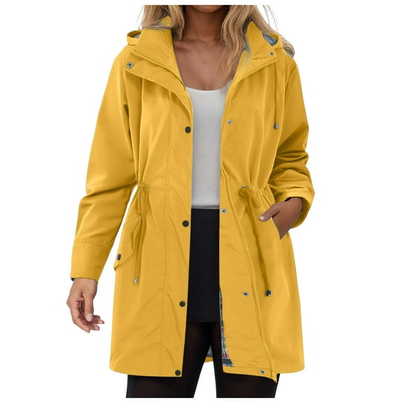 larppty Women Rain Jacket Lightweight Waterproof Raincoat Outdoor Hooded Windbreaker Trench Coat (Yellow, 3XL)