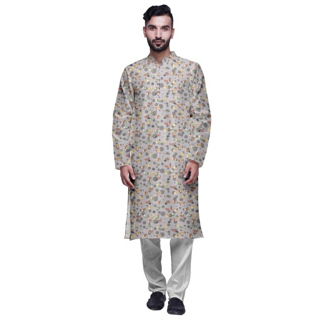 Atasi Kurta Imprimé pour Homme et Ensemble de Pyjama Churidar Blanc Col Mandarin Tenue Ethnique