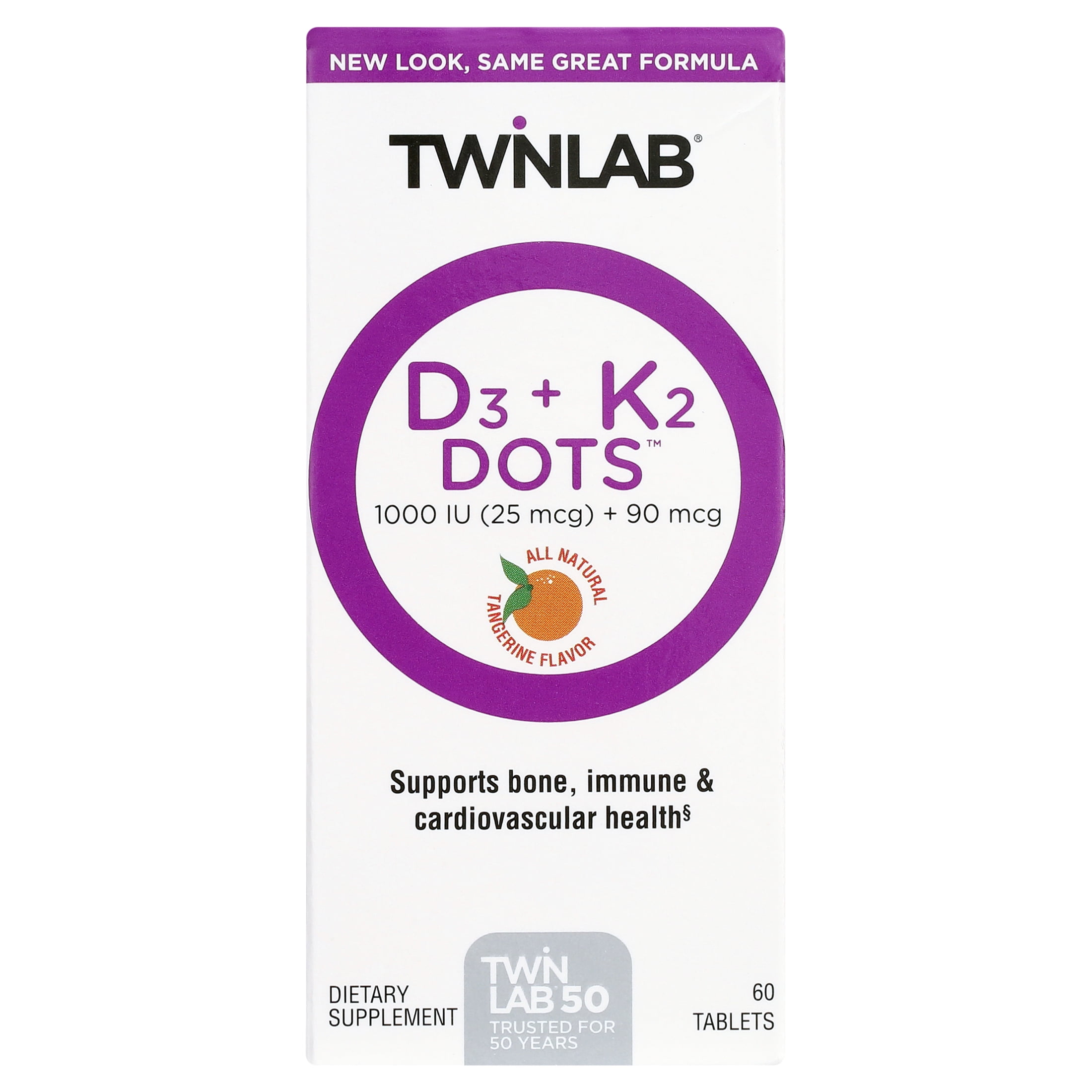 Twinlab D3 + K2 Dots - Vitamin D3 & Vitamin K2 Supplement for Immune Support, Bone Health & Heart Health - Vitamin D 1000 IU + Vitamin K 90 mcg for Bone Strength, Tangerine Flavor, 60 Tablets, 2-Pack