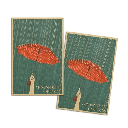 

McMinnville Oregon Umbrella Letterpress (4x6 Birch Wood Postcards 2-Pack Stationary Rustic Home Wall Decor)