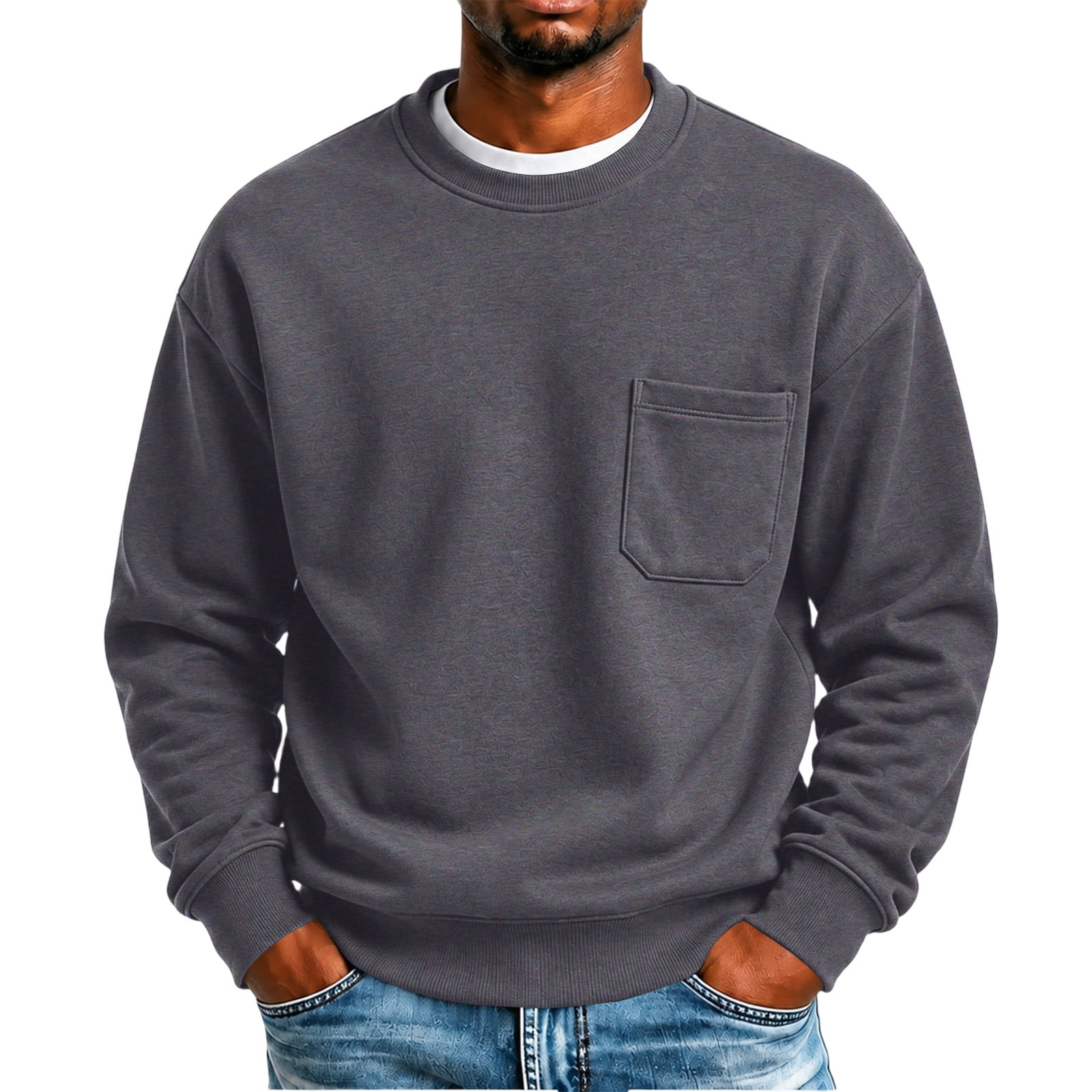 FENGYOU Mens Crewneck Fleece Lined Sweatshirt Long Sleeve Pullover with Chest Pocket Ribbed Cuffs Hem Casual Autumn Winter Top Gray 2XL