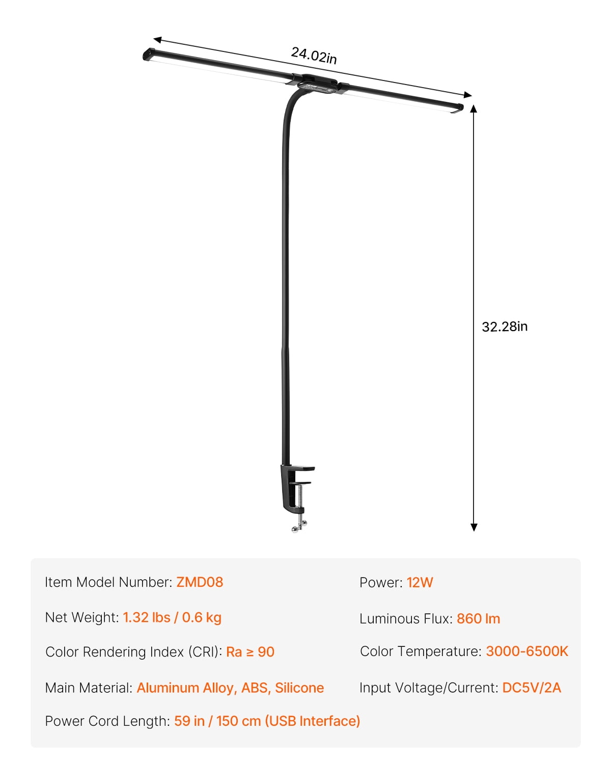 VEVOR LED Desk Lamp with Clamp, Double Head Architect Desk Lamp for Home Office, Eye-Caring Desk Light with 360° Adjustable Gooseneck, 50 Lighting Modes & Timer Function for Studying Working Drawing