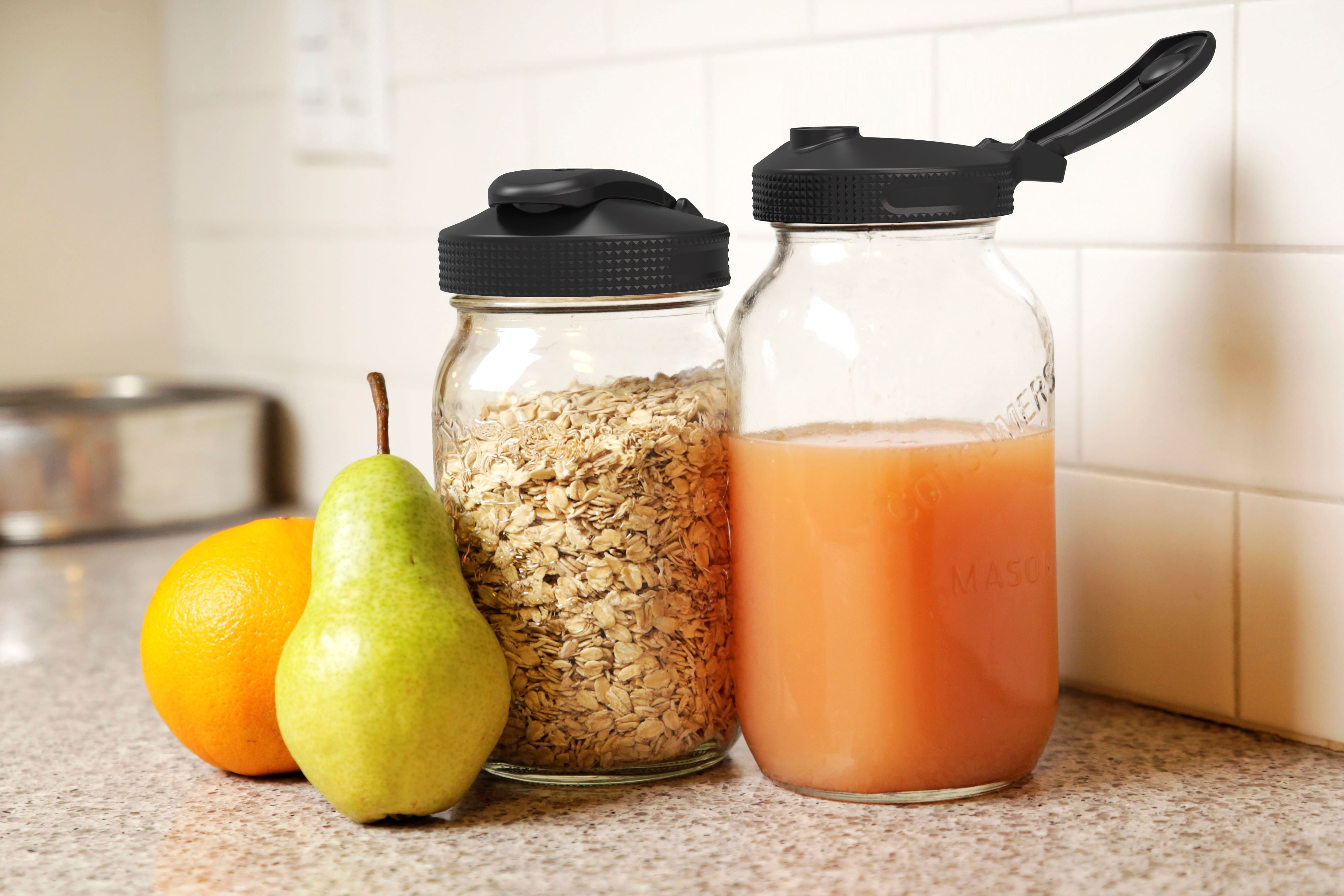(4 pack) Masontops Regular Mouth Mason Jar Lid with Flip Top Pour Spout, Reusable Plastic Canning Jar Lid for Liquid and Dry Food Storage, BPA-Free and Dishwasher Safe, Black