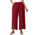 thumbnail image 3 of Thousandth Women's Cotton Linen Pants Casual Summer Elastic Waist Wide Leg Loose Fit Palazzo Pants Cropped Trousers with Button Decor and Slit Hem Daily Wear, 3 of 7