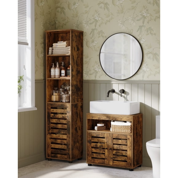 VASAGLE Mueble de Lavabo, Mueble de Baño, Armario de Almacenamiento, 30 x 60 x 64 cm, Apto para Lavabos sin Pedestal, con 2 Puertas de Persiana, Tablero Ajustable, Marrón Rústico