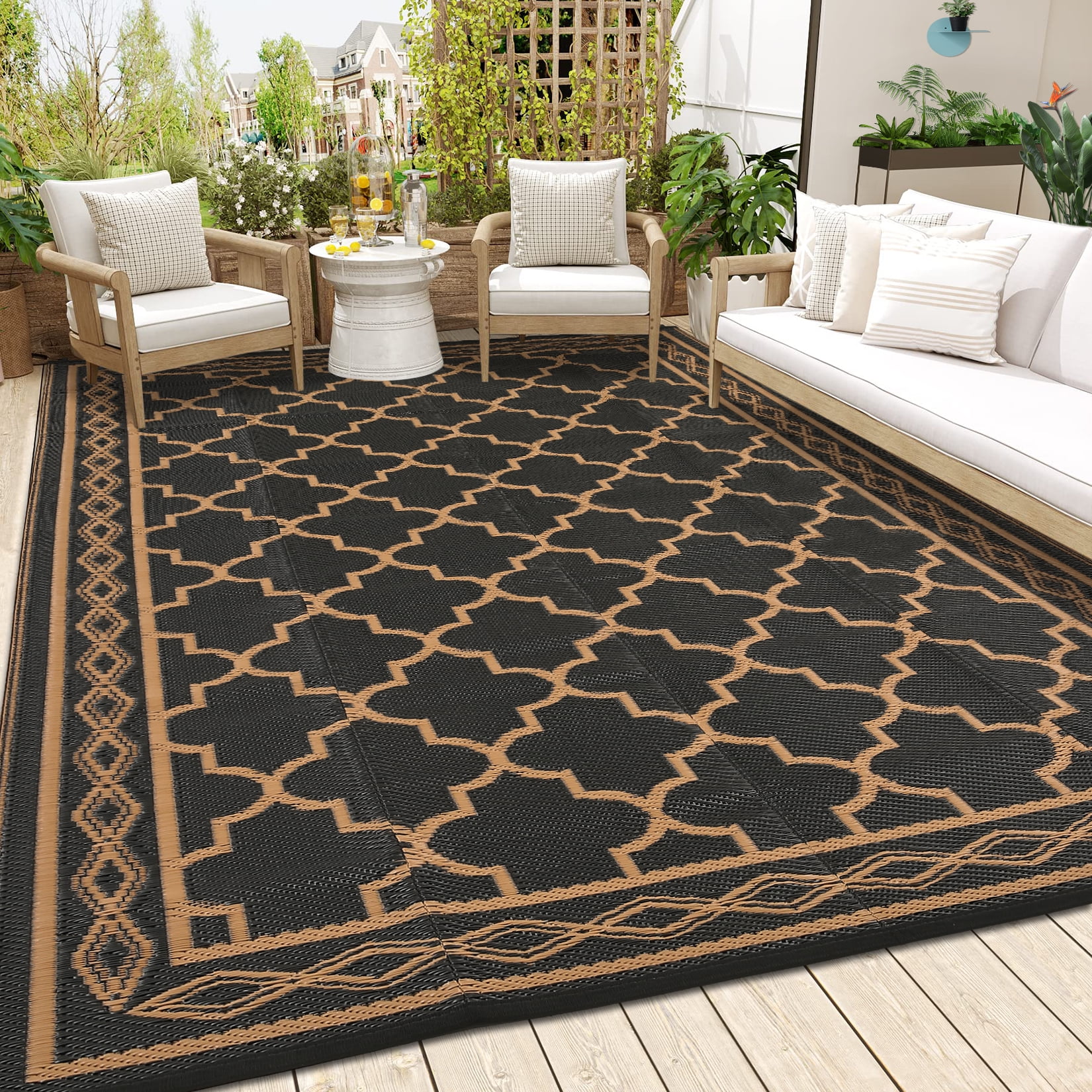 Garvee Outdoor Rug 8x10ft Waterproof for Patios, Reversible Plastic Straw Rug Camping Carpet Mats for RV, Picnic, Backyard, Deck, Balcony, Porch, Beach, Black & Brown