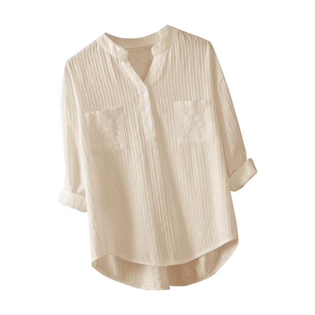 Timegard Womens Tops Notched V-Neck Button Long Sleeve Lightweight Tshirts Fall Casual Loose Tops Blouse
