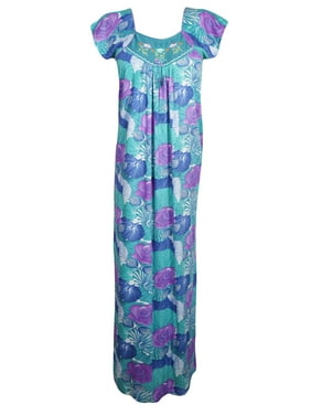 Mogul Women's Blue Maxi Dresses, Caftan, House Dress, Nightgown, Sleepwear Short Sleeves Gown S
