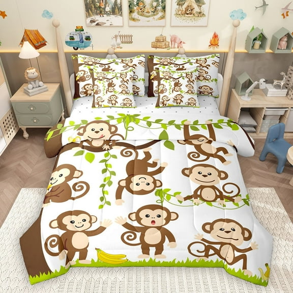 Homewish Cartoon Monkey 7-Piece Twin Bedding Sets,Zoo Animal Bedding Comforter Set,White Brown Green Sheet Sets For Boys Girls,Luxury Bedroom Decor