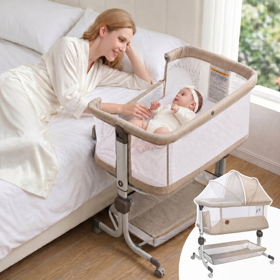 Minikid 3-in-1 Baby Bassinet Bedside Sleeper, 6 Height Adjustments, Full Mesh Breathable, Portable Newborn Baby Crib with Storage Basket,Oatmeal