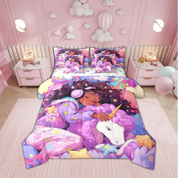 Afro Hair Comforter Set 7 Piece Bed in a Bag Twin,Unicorn Cute Afro Melanin Princess Bedding Sets Cartoon Horse American Black Sheet Set with Comforter