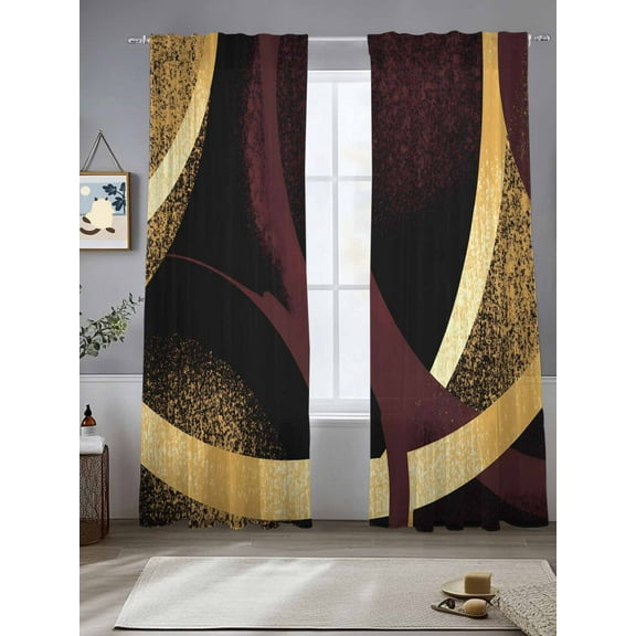Vintage Art Sheer Curtains 84 Inches Long 2 Panels Abstract Dark Red Gold Shape Graffiti Light Filtering Semi Sheer Window Curtains Drapes for Bedroom Living Room 52"x84"