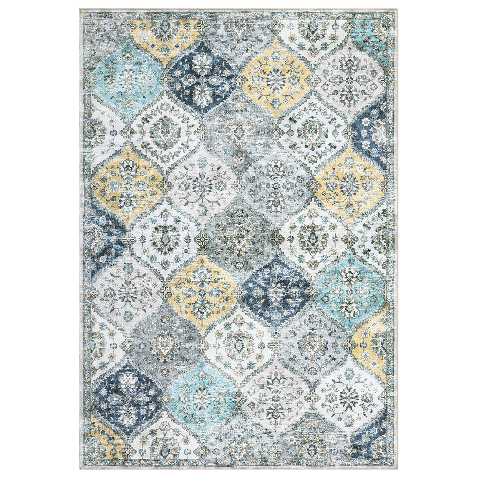 Luku 5ft*7ft Runner Rug Washable Moroccan Trellis Hallway Runner, Non-Slip Stain Resistant Area Rug Vintage Distressed Floral Kitchen Mat Floor Cover Carpet for Doorway Bedside