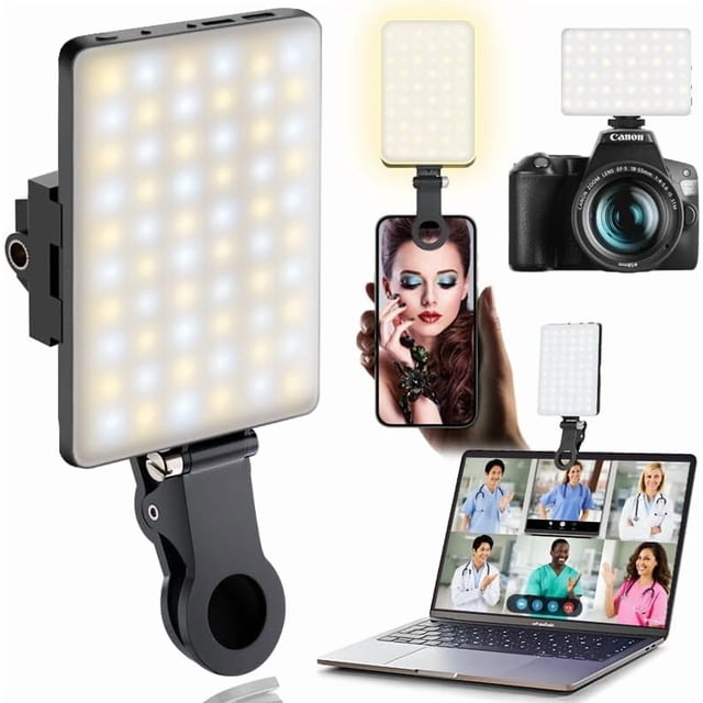 Luz de selfie portátil de 60 LED ORSOIRGIFON, iluminación para videoconferencia con clip y adaptador de trípode para cámara, recargable, 2000mAh, CRI 97+, 3 modos de luz para teléfono, , cámara