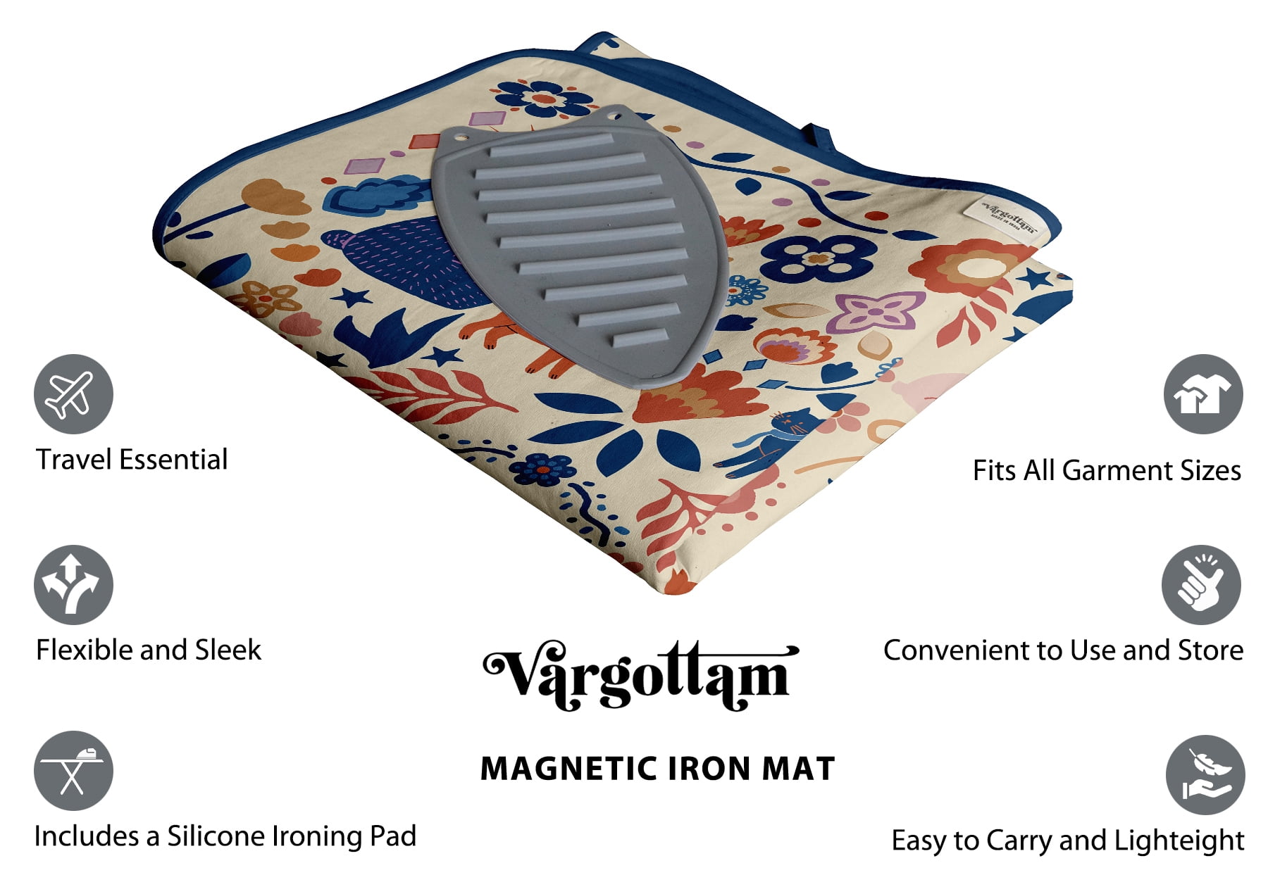 Vargottam Cotton Magnetic Ironing Mat - Washable Fabric, Fiber Pad & Iron Rest - Foldable, Lightweight Ironing Surface for Tabletop, Washer, or Dryer - Kids