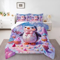 jejeloiu Cartoon Antarctic Penguin Full Size Comforter Sets,Wild Animal Bedding Comforter Set,Rainbow Ice Cream Bedding Sets For Girls Teens,Microfiber Bedroom Decor Reversible,3pcs