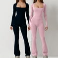 thumbnail image 2 of Olyvenn Womens Long Sleeve Jumpsuits Flare Sexy Square Neck Slim Flare Leg Full Length Flare Romper Casual Solid Bodycon Playsuit Pink 6, 2 of 5