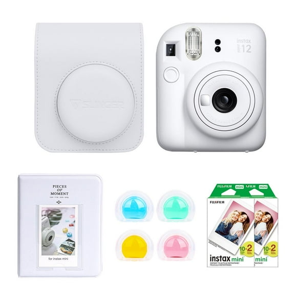 Instax Mini 12 Instant Film Camera, Clay White, Bundle with Accessory Kit and 2x Twin Pack Daylight Film