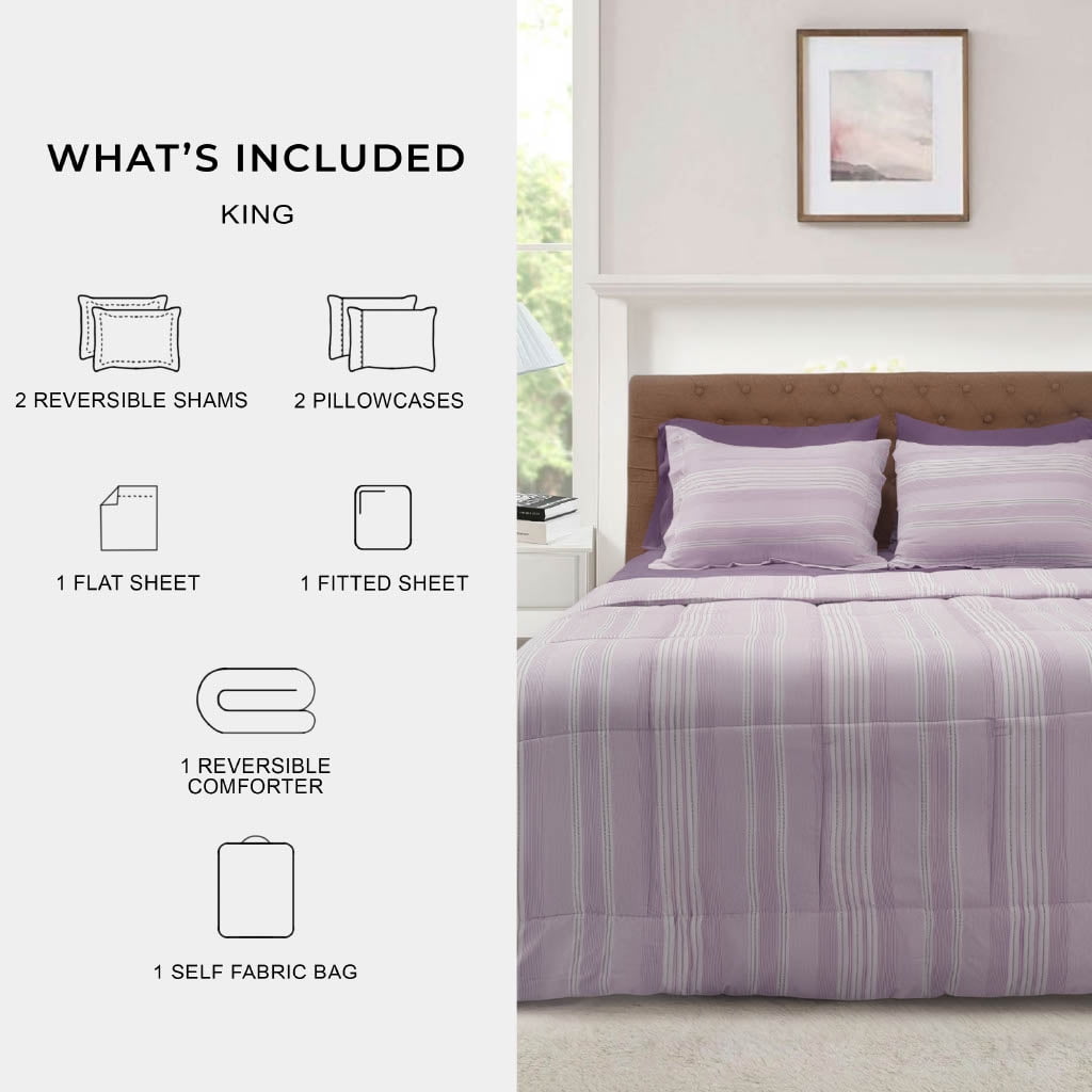 Mainstays All in One Reversible Comforter and Sheet set- 7 Piece, King, Purple and White Stripe
