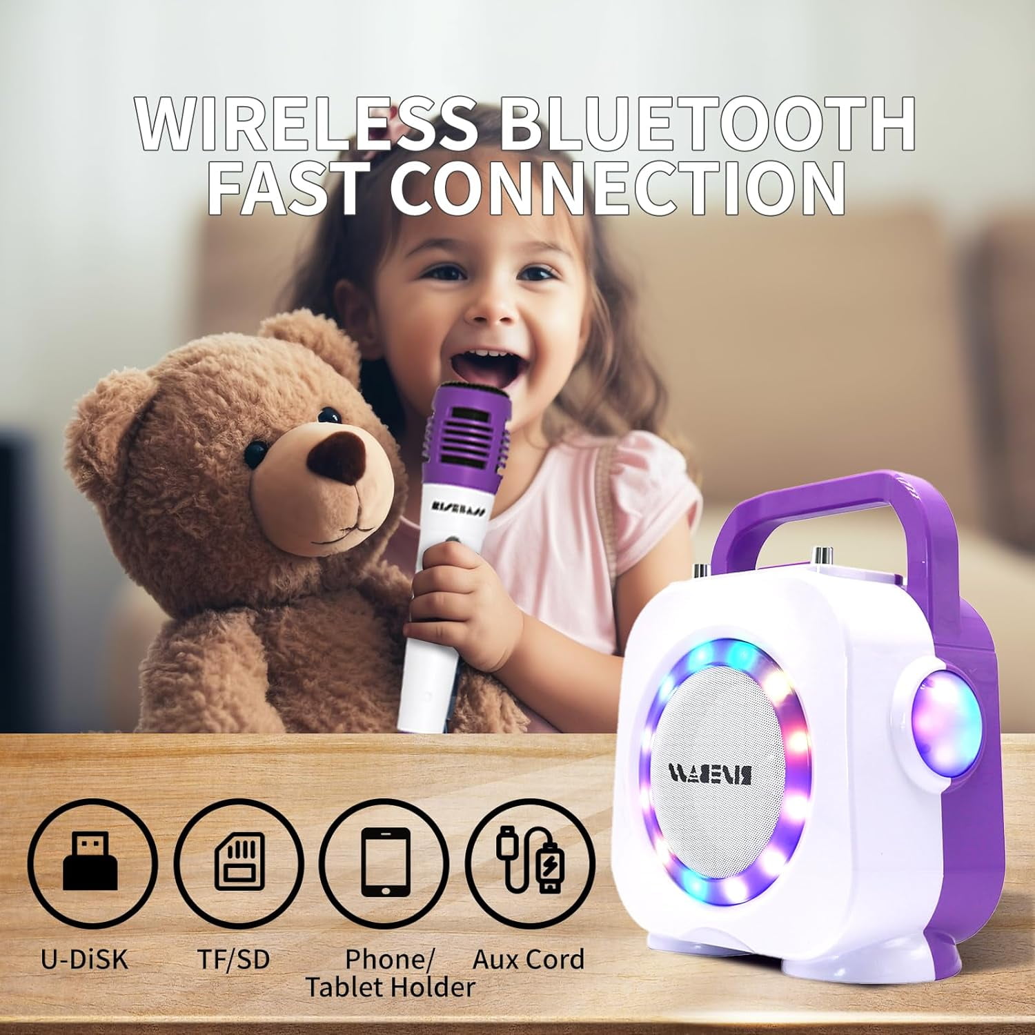 Rise Bass Unisex Karaoke Machine for Adults and Kids with Two Wireless Microphones