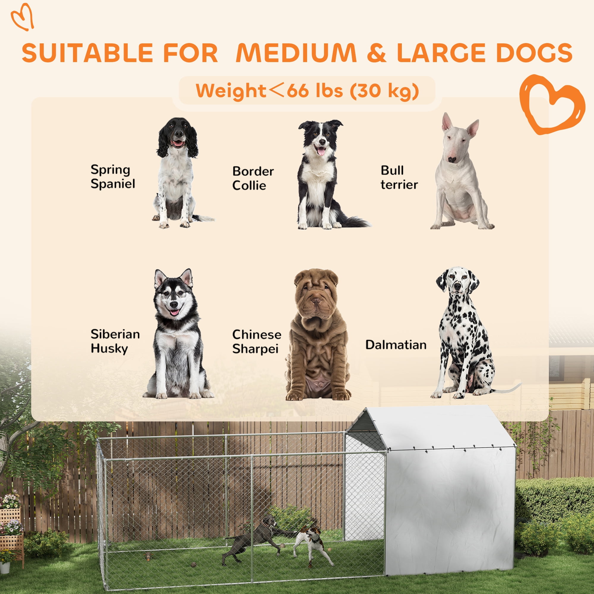 PawHut Large Outdoor Dog Kennel, Chain Link Dog Kennel Outside with Weather Resistant Cover, Rotating Bowls Door, for M&L Dogs, 19.7' x 7.5' x 7.5'