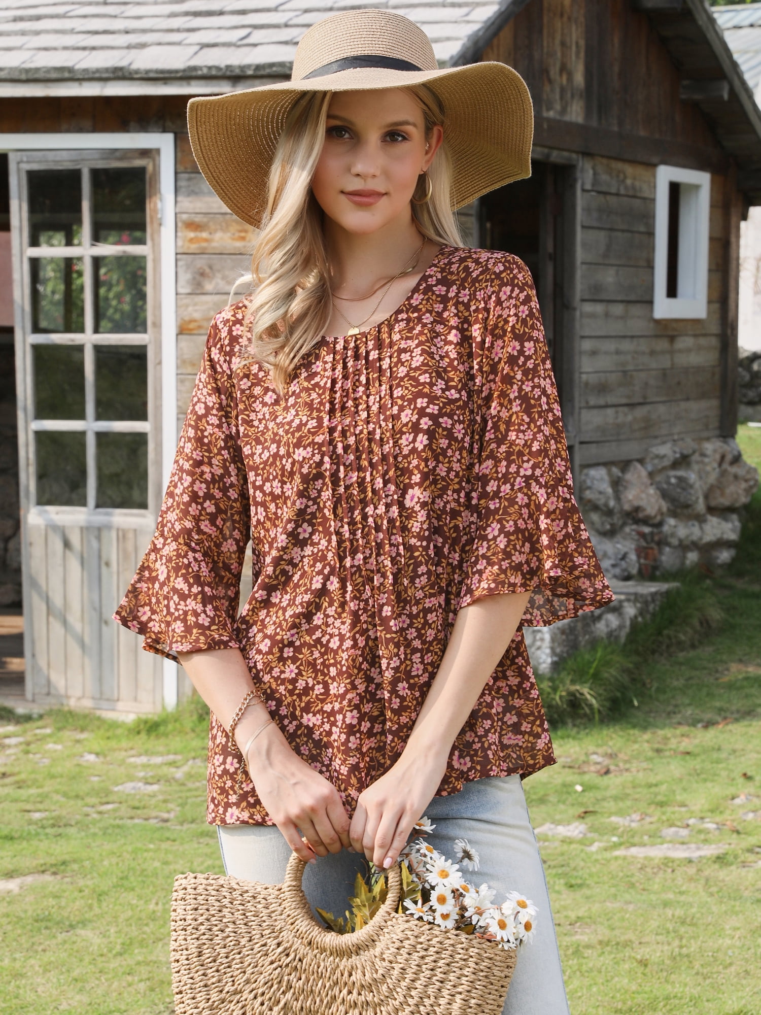 DARING DIVA Women's Chiffon Blouses Casual 3/4 Sleeve Ruffle Floral Top S Brown