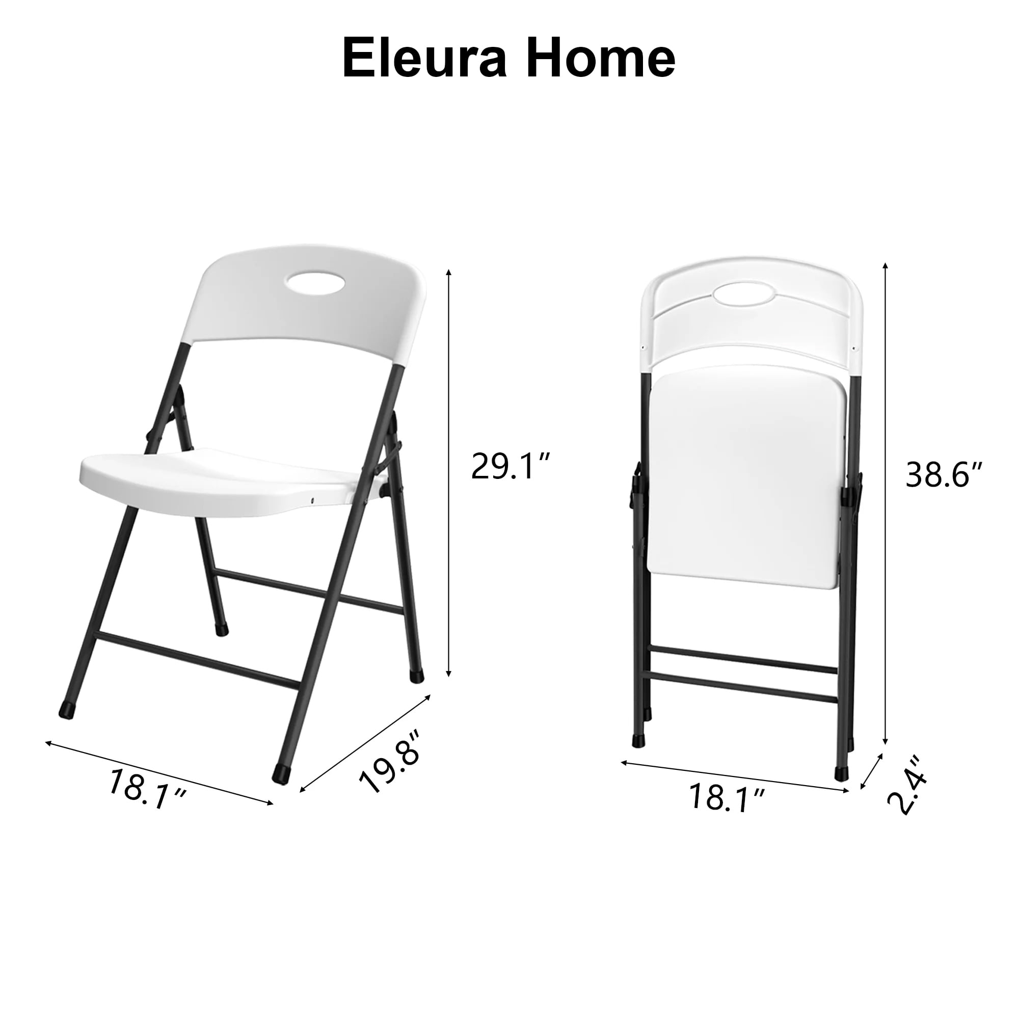 Eleura Home Plastic Folding Chairs 4 Pack, Sturdy Metal White Foldable Chair, 350 lbs Capacity, Portable for Outdoor/Indoor, Picnic, Party, Patio