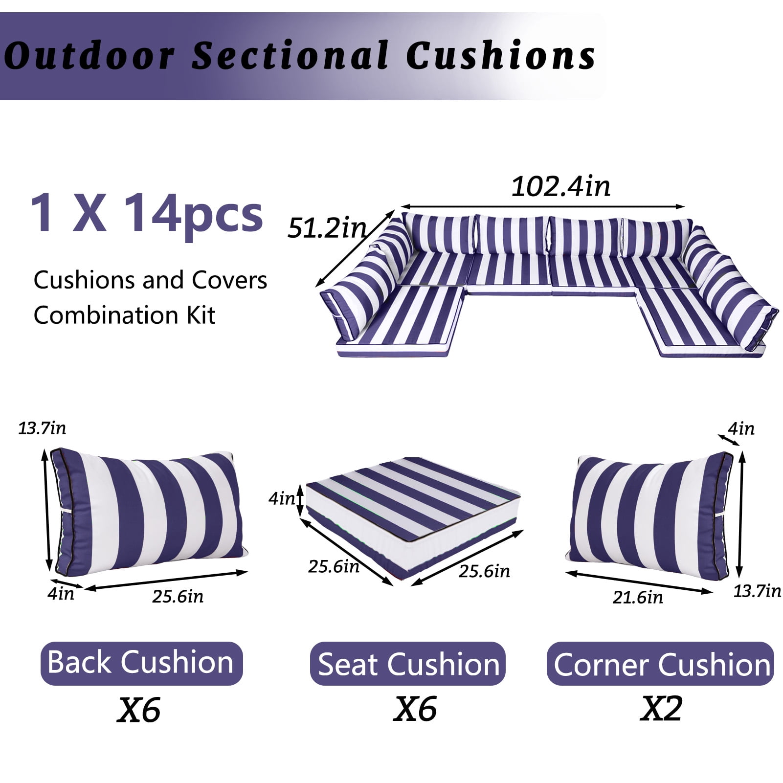 SDJPOI Patio Furniture Sectional Cushions, 14 Piece Waterproof Outdoor Sofa Cushion Replacement(blue white)