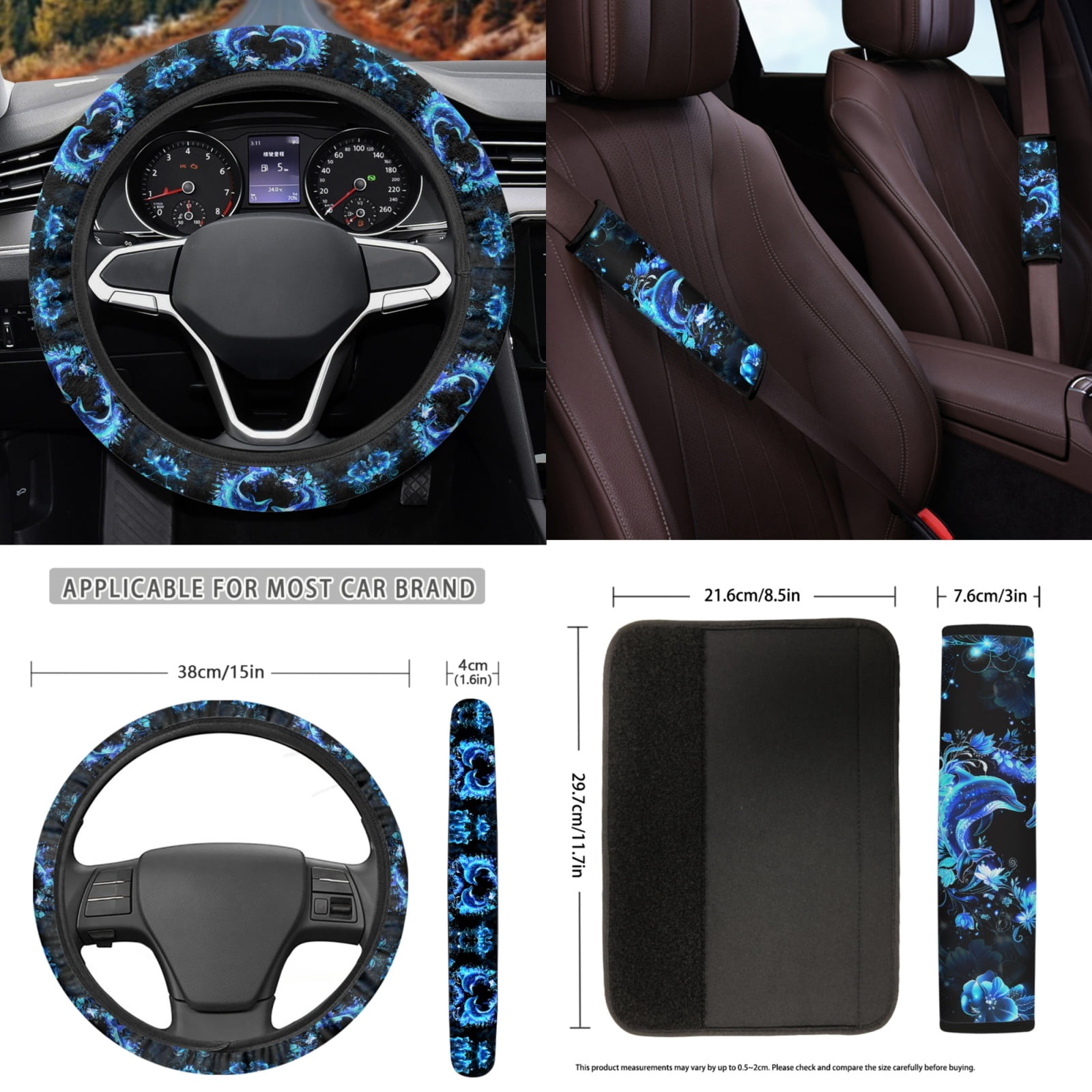 Yuyamidu 15 Pack Blue Dolphin Car Seat Covers Set with Floor Mats Heart Steering Wheel Cover Seat Belt Pads Handbrake Cover Set Coasters Auto Accessories