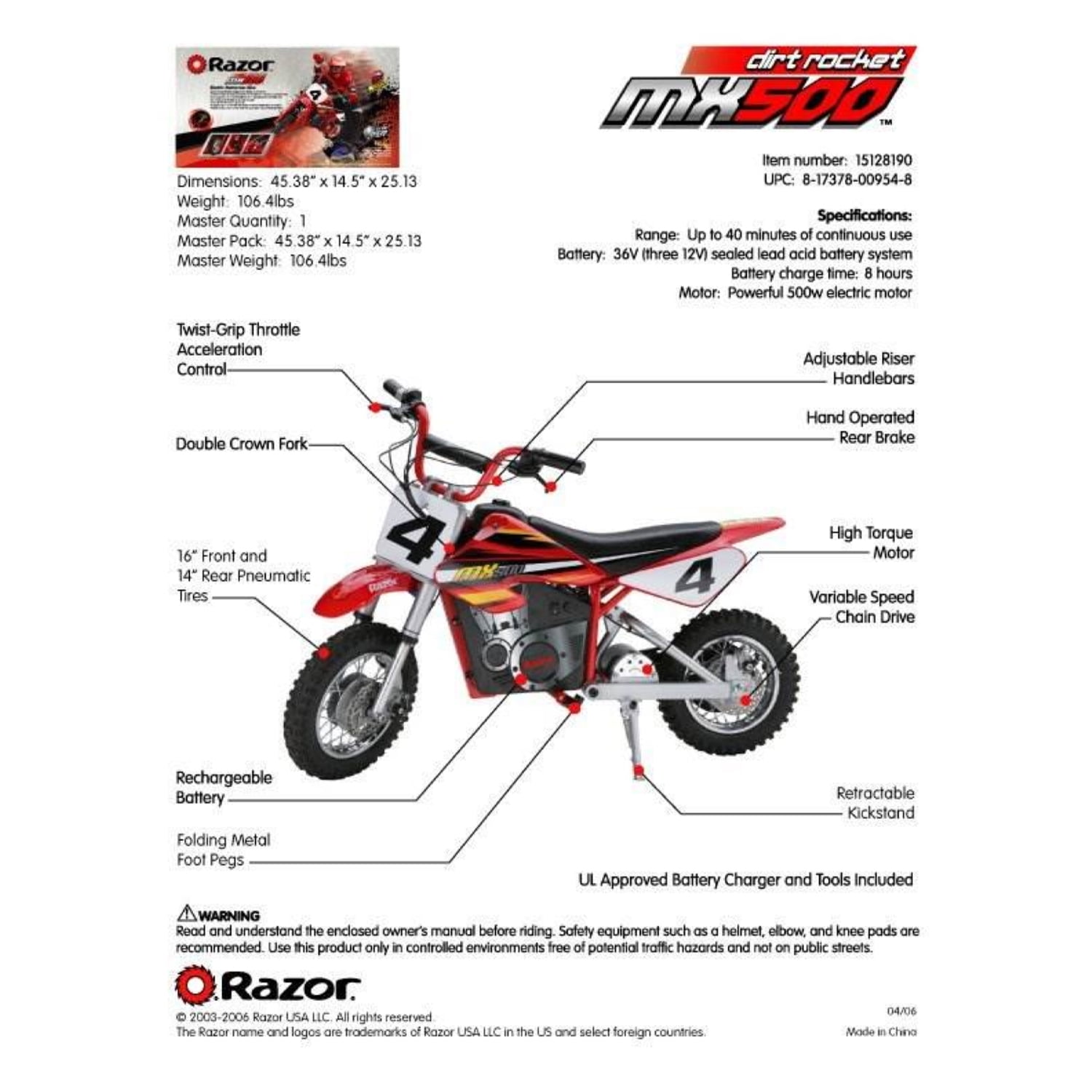 Razor Dirt Rocket MX500 Kids Electric Motocross Bike Ages 14+ —