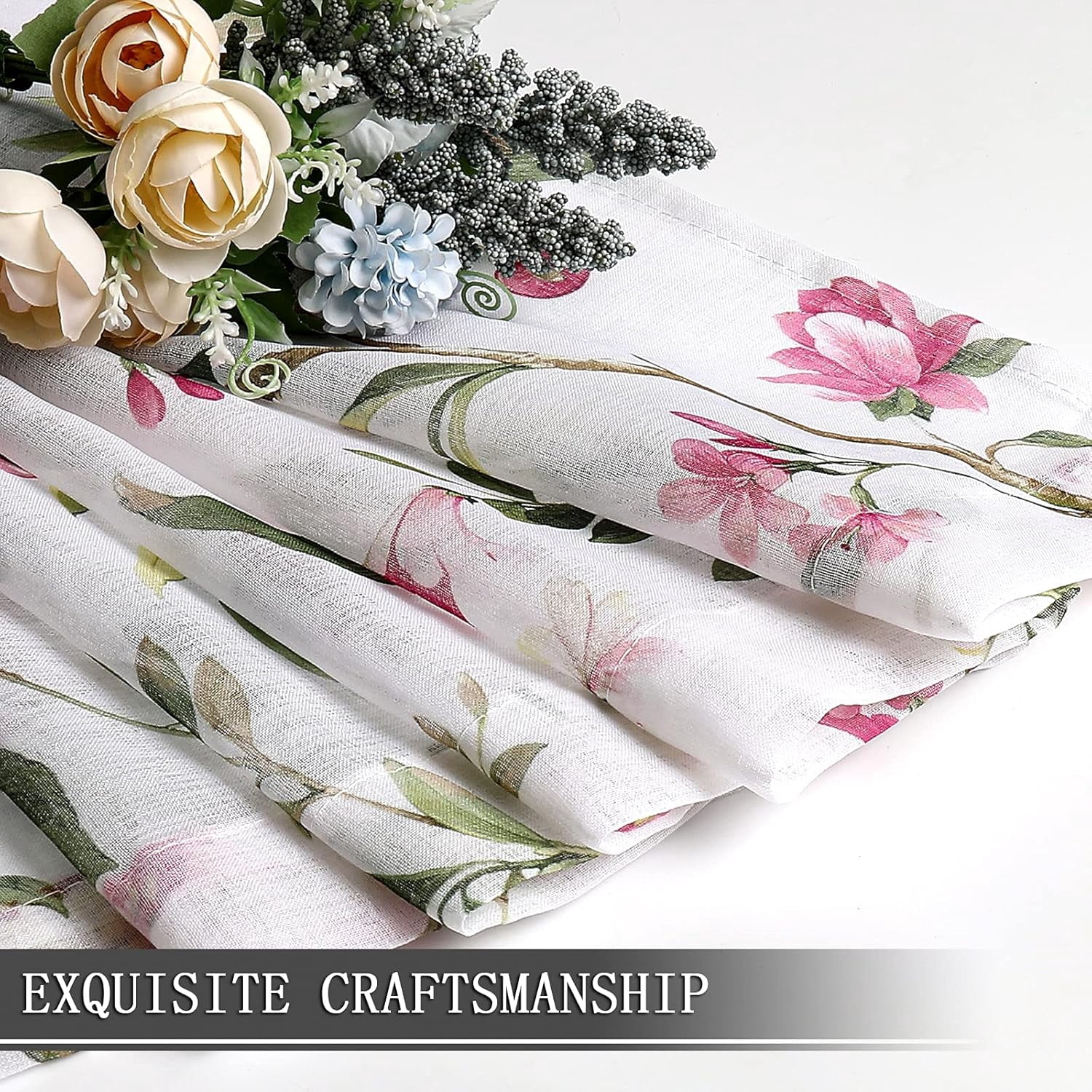 Floral Sheer Curtains Pink Cherry Flower Butterfly Print Living Room Curtain Rod Pocket Voile Linen Look White Sheer Curtains for Bedroom, 54 x 63 inches Long, Set of 2 Panels