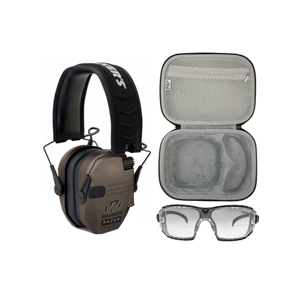 Walker's Razor Slim Electronic Hearing Protection Muff (Dark Earth) with Safety Glasses Case Bundle